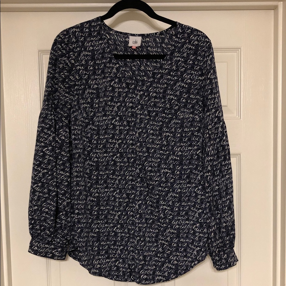 CAbi Navy and White Script Print Blouse Multi Language I Love You